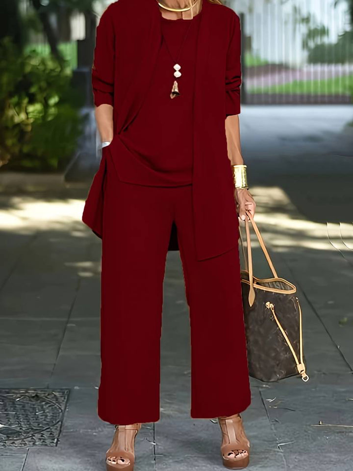 Women's comfortable 3 piece long sleeve matching set with round neck and wide leg pants, perfect for everyday wear.