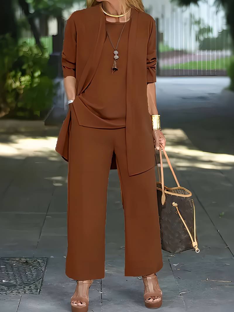 Versatile women's matching 3 piece outfit: long sleeve round neck top, wide leg pants, ideal for casual comfort.