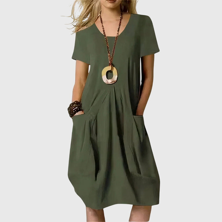Versatile women's A-line day dress; comfortable & flattering fit for casual everyday summer fashion.