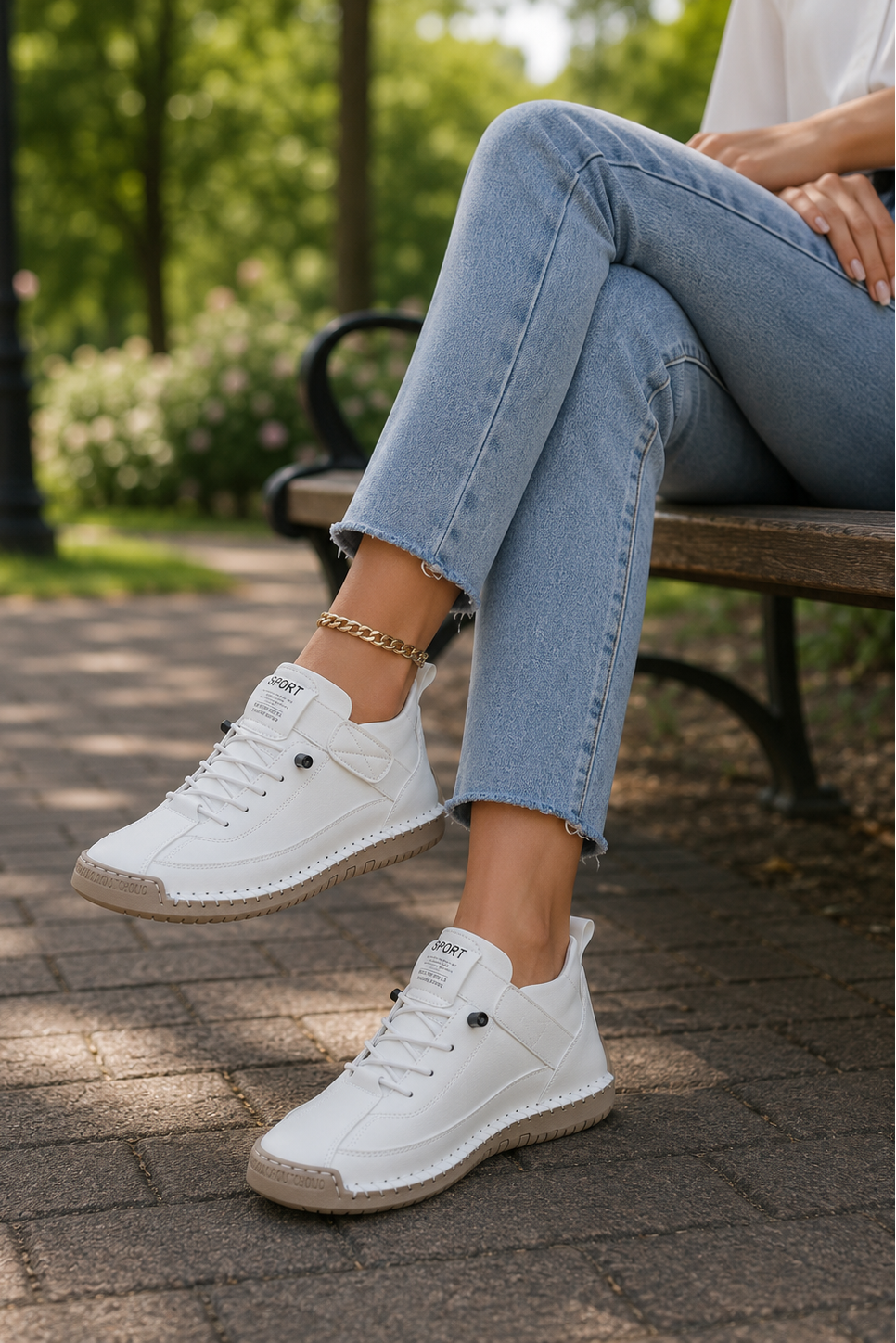 Dynamic shot of lightweight women's casual sneakers, emphasizing comfort & modern style.