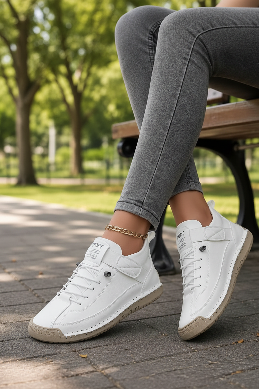 Close-up of breathable fabric on women's casual sneakers, enhancing all-day comfort.