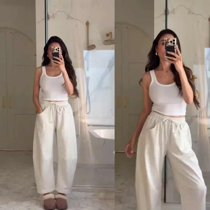 Comfortable women's pants: a chic barrel-leg design in a soft cotton blend with a relaxed, drawstring waist