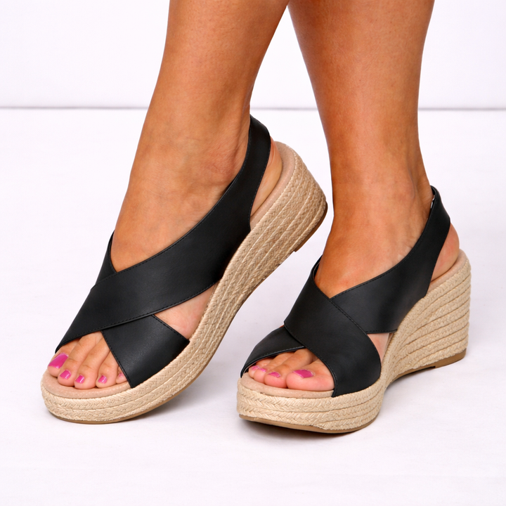Women's comfortable black crossover strap wedge sandals, perfect for summer daily wear.