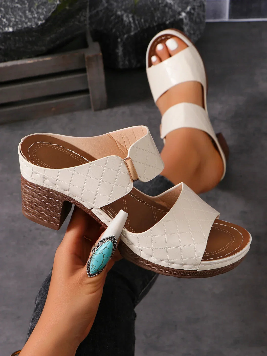 Premium leather block heel sandals for women, offering all-day comfort and versatile elegant style.