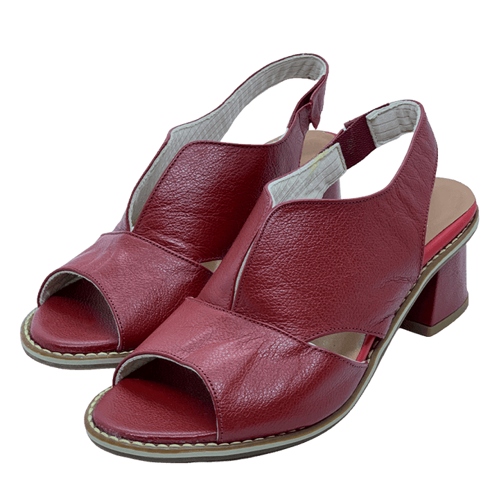 Top view of women's heeled sandals, highlighting padded footbed & stylish block heel.