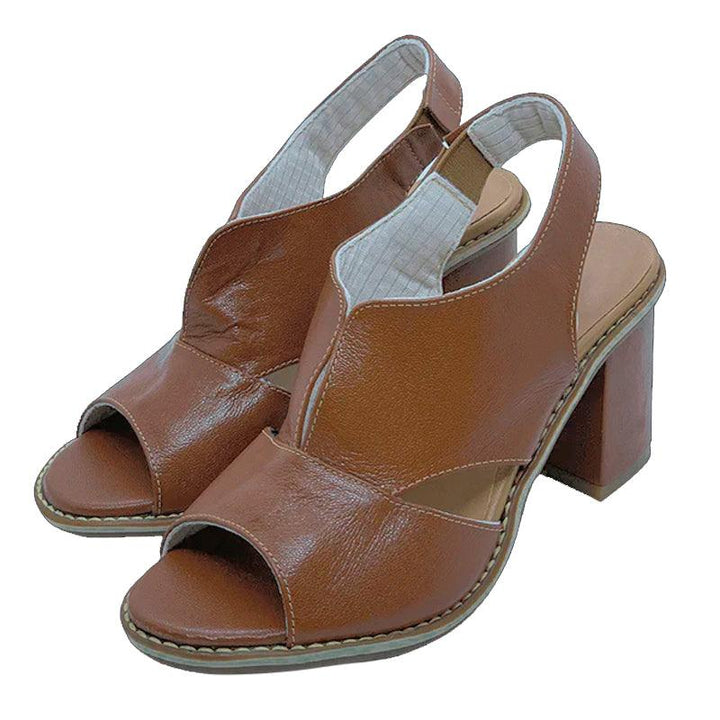Close-up of comfortable women's block heel sandals, emphasizing sturdy heel for all-day support.