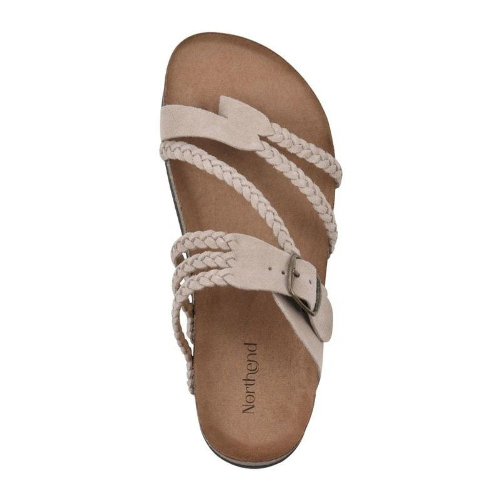 Stylish women's flat braided sandals featuring an adjustable buckle for comfortable everyday use.