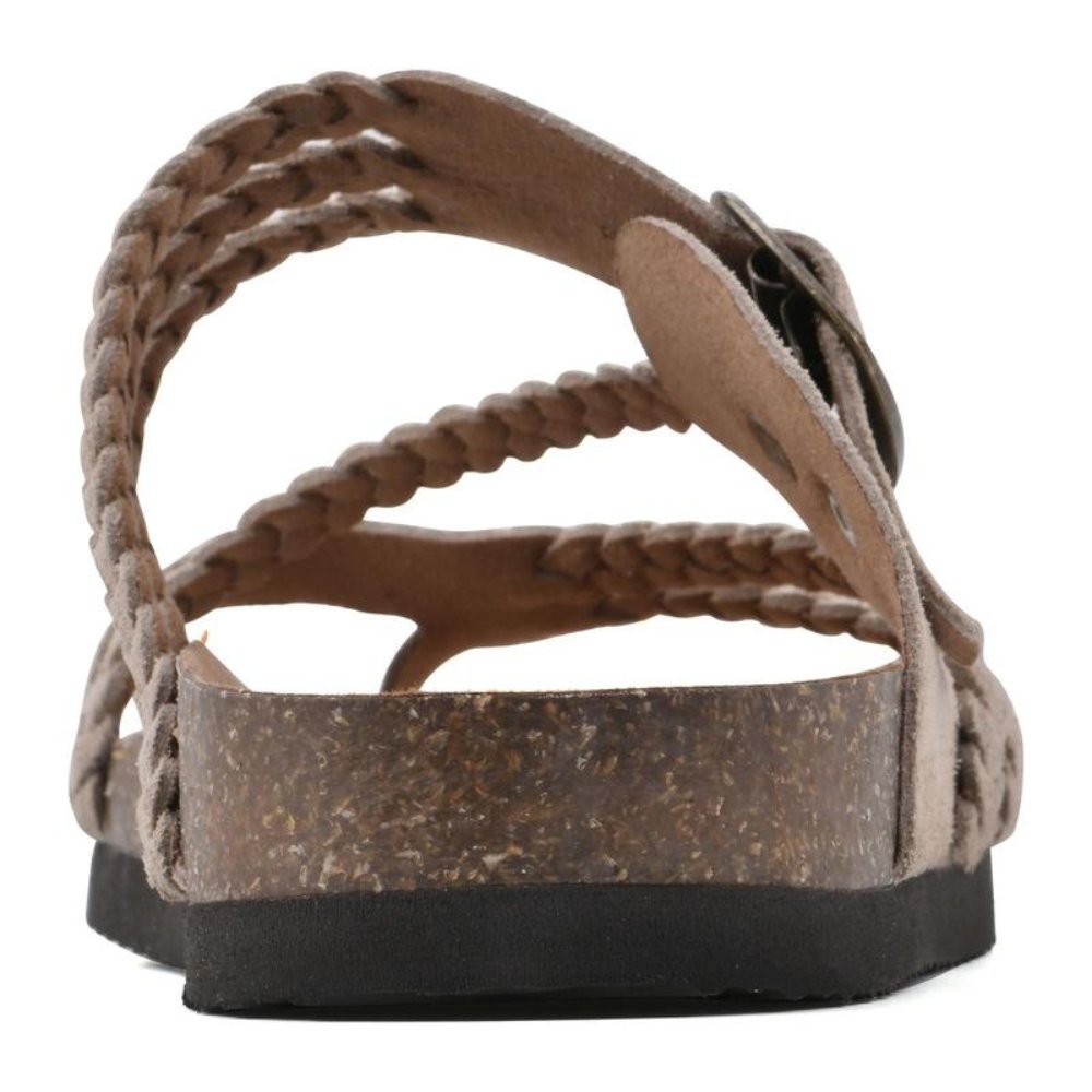 Slip-on women's braided sandals with an adjustable buckle for easy, comfortable wear during summer.