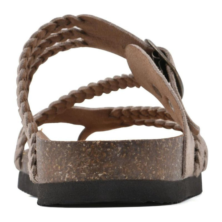 Slip-on women's braided sandals with an adjustable buckle for easy, comfortable wear during summer.