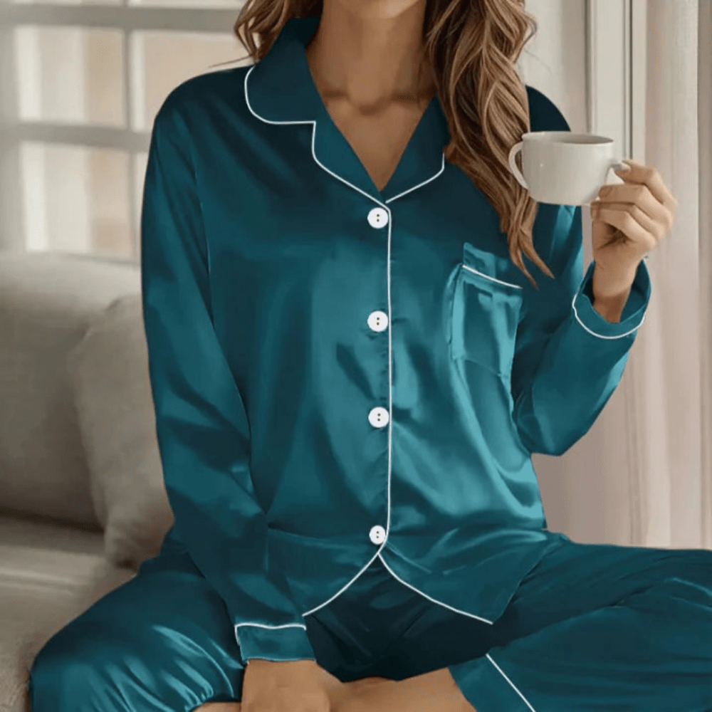 Women's comfortable breathable button-front pajama set for relaxing sleep.