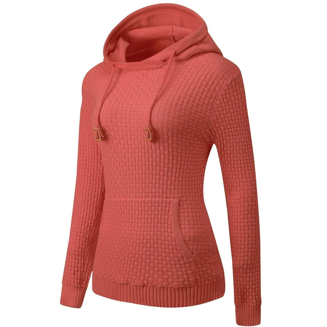 Front view of a women's cotton blend hoodie, emphasizing its breathable fabric and relaxed fit.