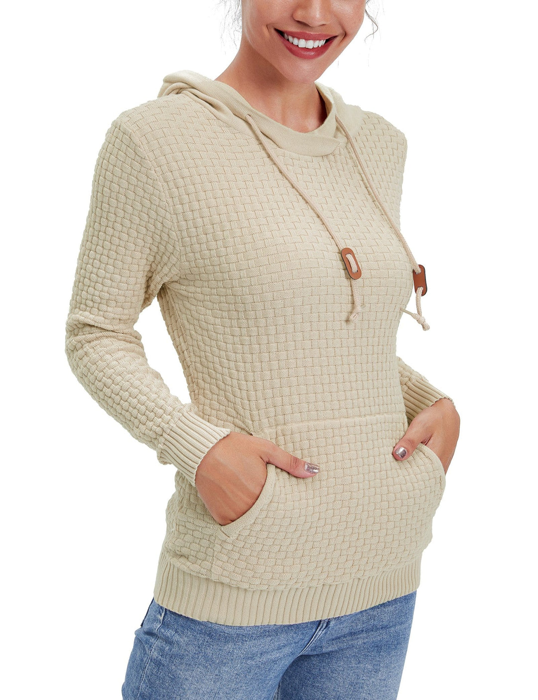 Women's everyday wear: a comfortable and stylish pullover hoodie in a light hue.