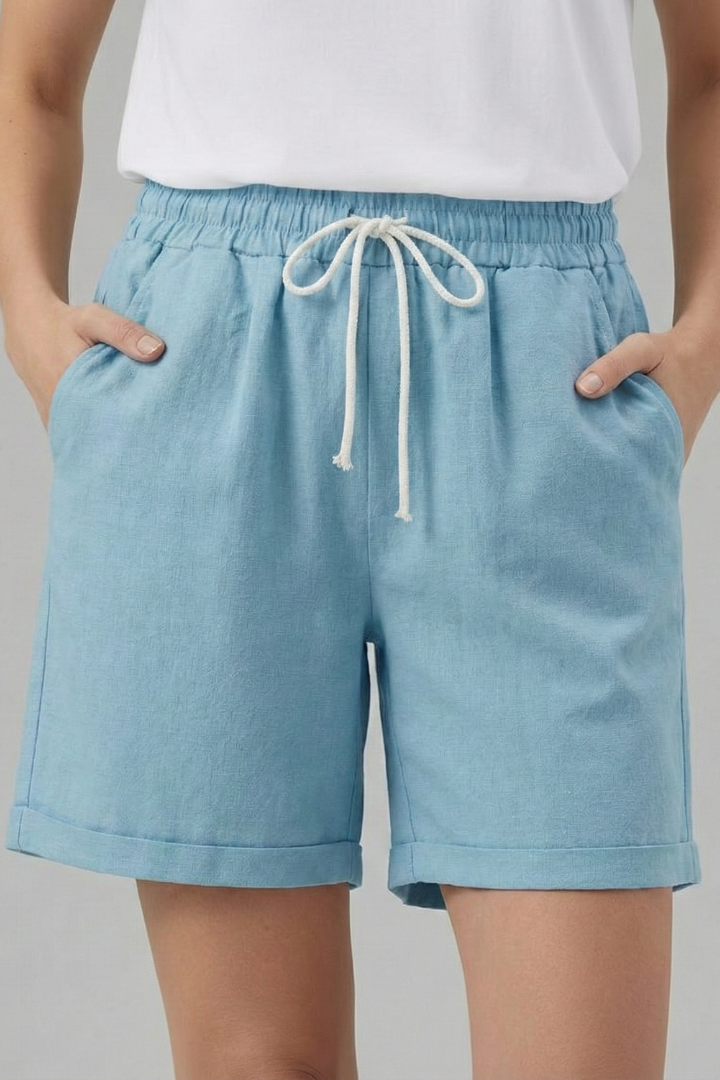Back view: Women's casual lounge shorts, relaxed fit, with a comfortable elastic drawstring waist.