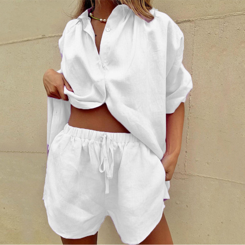 Chic cotton shorts set for women, featuring a relaxed blouse; ideal for trendy everyday wear.