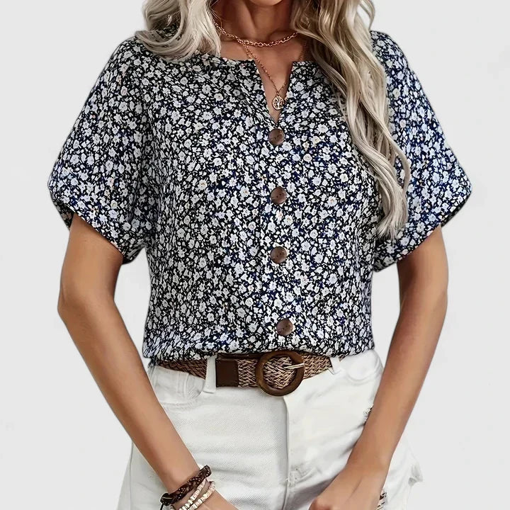 Pink floral button-up blouse, women's comfortable top with relaxed fit, perfect for casual spring outfits.