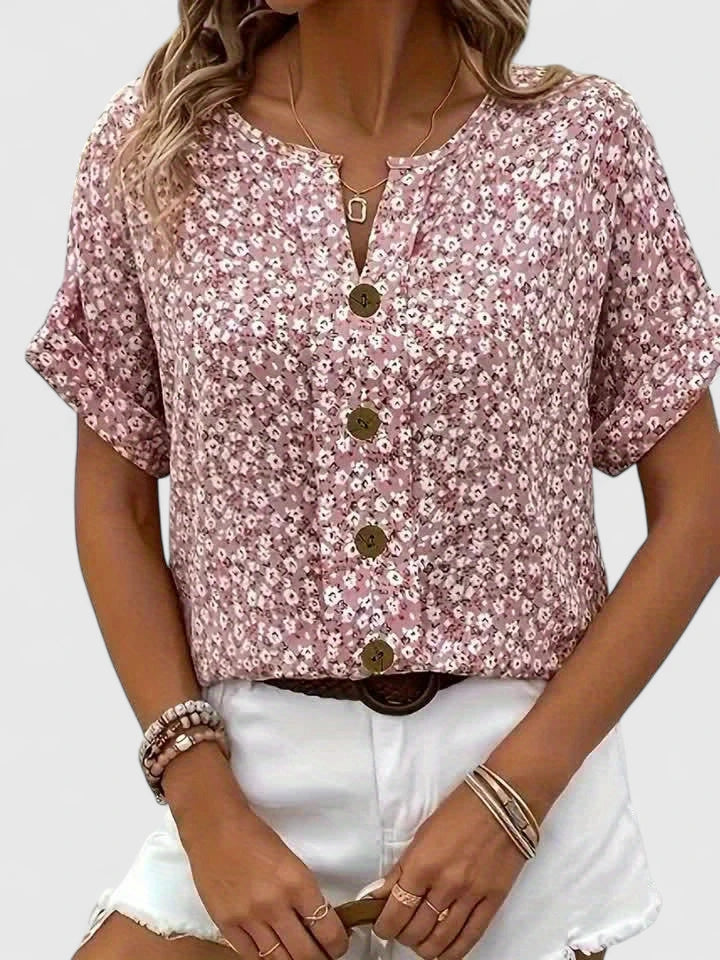 Orange floral button-up blouse, comfortable women's top with a relaxed fit, ideal for summer casual style.