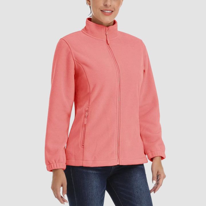 Women's full-zip fleece jacket in a heathered gray, showing its versatility as a warm everyday jacket