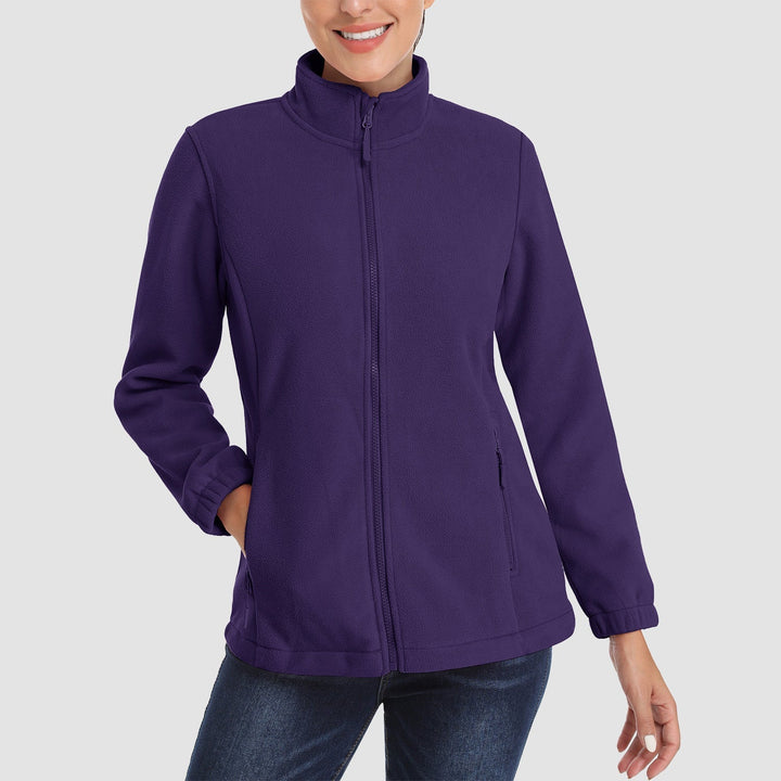 Front view of a women's bright red full-zip fleece jacket, a vibrant piece of winter wear
