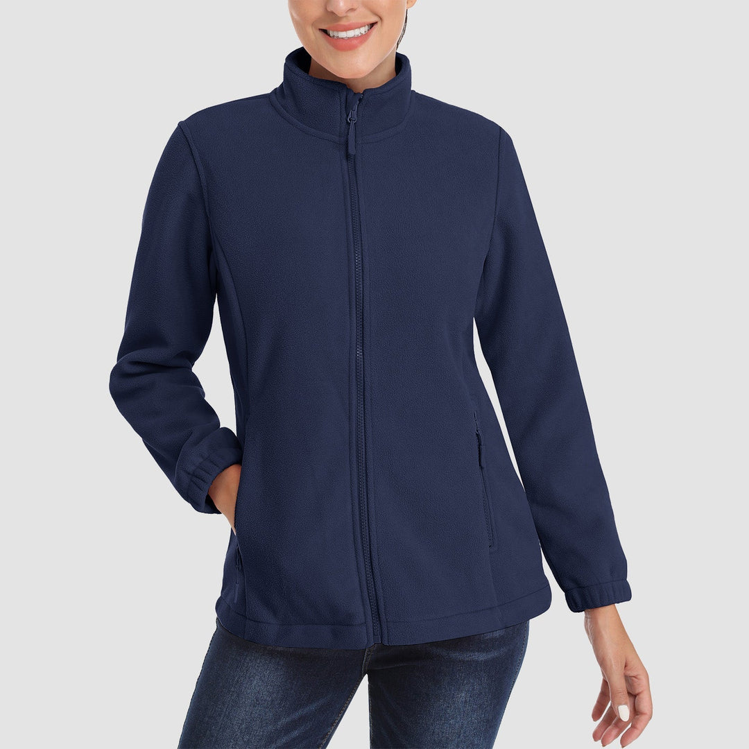 Side profile of a full-zip fleece jacket for women, showcasing its flattering fit