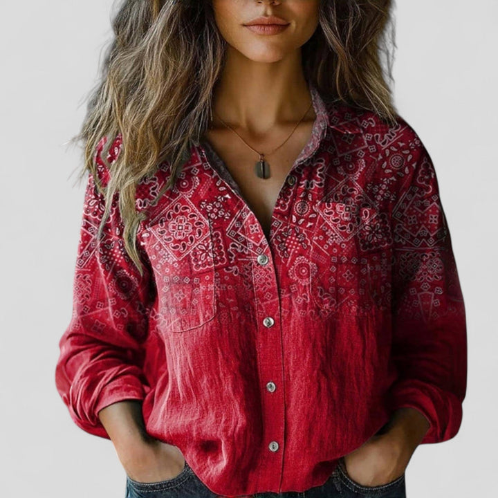 Stylish women's gradient button-up blouse shirt. Versatile long sleeve top for elegant casual everyday fashion.