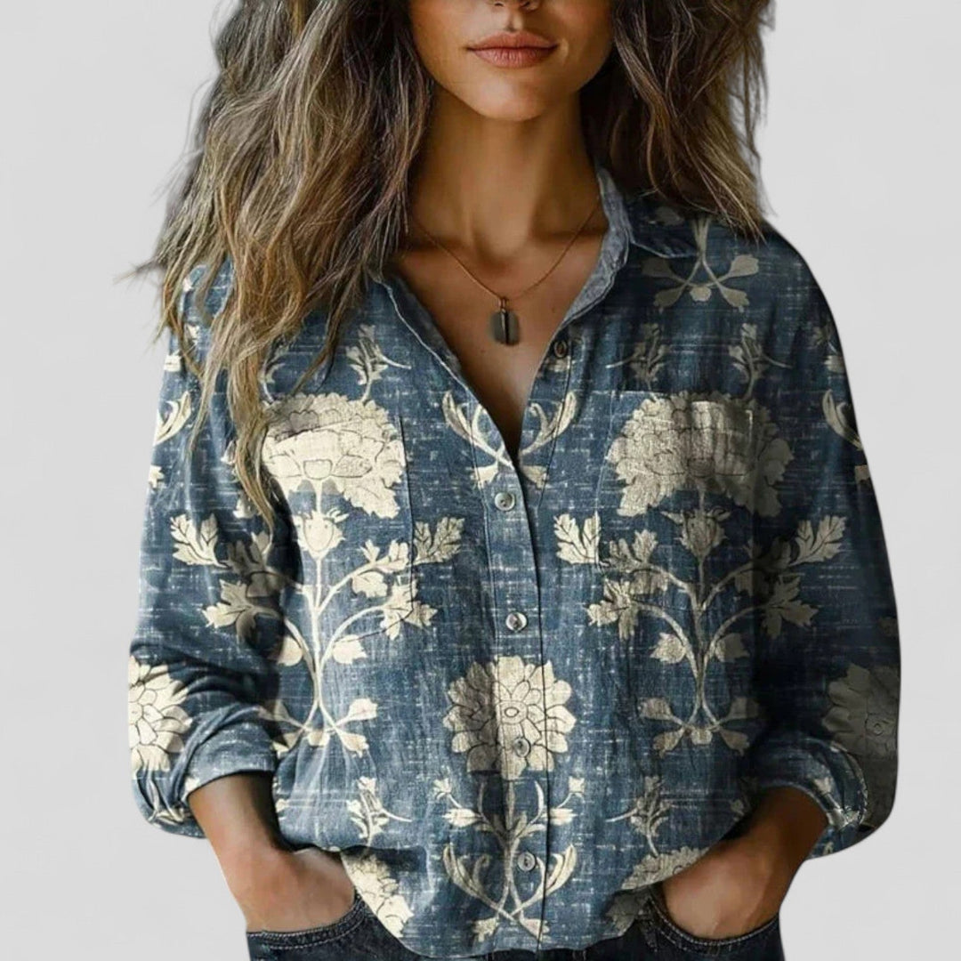 Comfortable women's long sleeve gradient button-up shirt. Casual and elegant blouse top for everyday style.