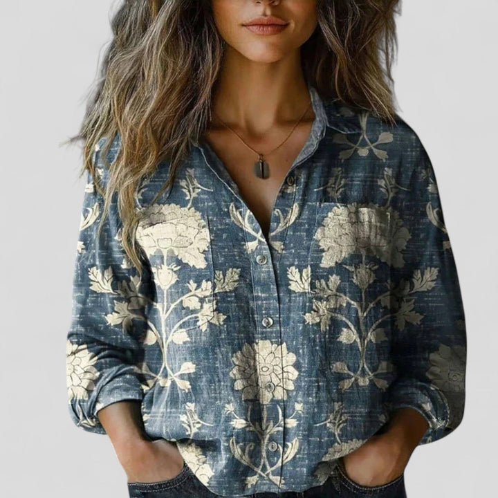 Comfortable women's long sleeve gradient button-up shirt. Casual and elegant blouse top for everyday style.