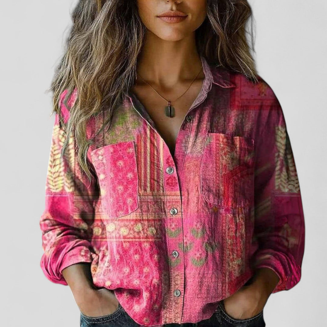 Elegant women's gradient blouse shirt. Comfortable long-sleeve button-up top for versatile everyday style.