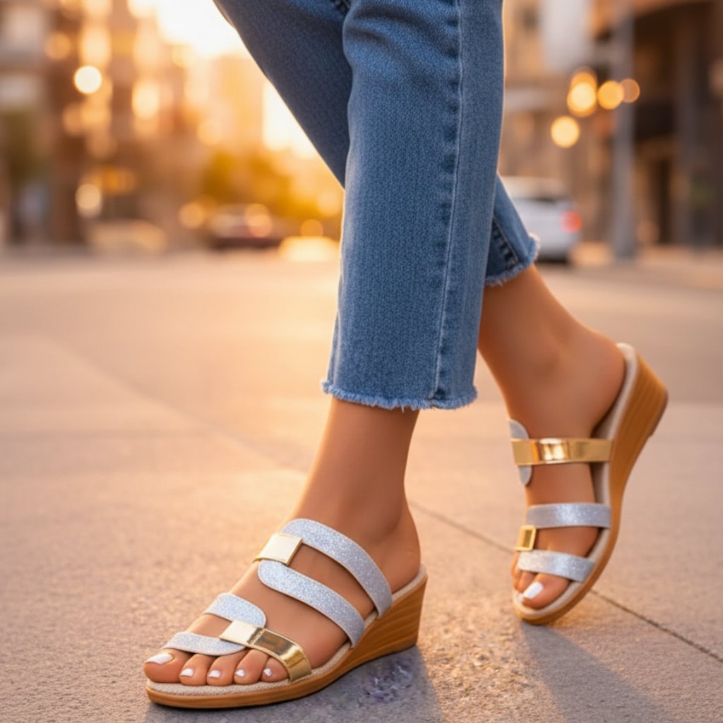Dressy metallic wedge platform sandals for women. Comfortable slip-on open-toe style for summer vacations.