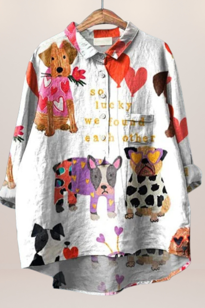 Ladies' charming dog print blouse, comfortable and flattering, ideal for casual everyday fashion.