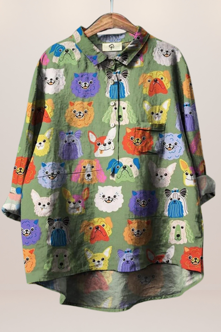 Stylish women's cat print blouse, expressive pattern, comfortable and versatile for casual or office wear.
