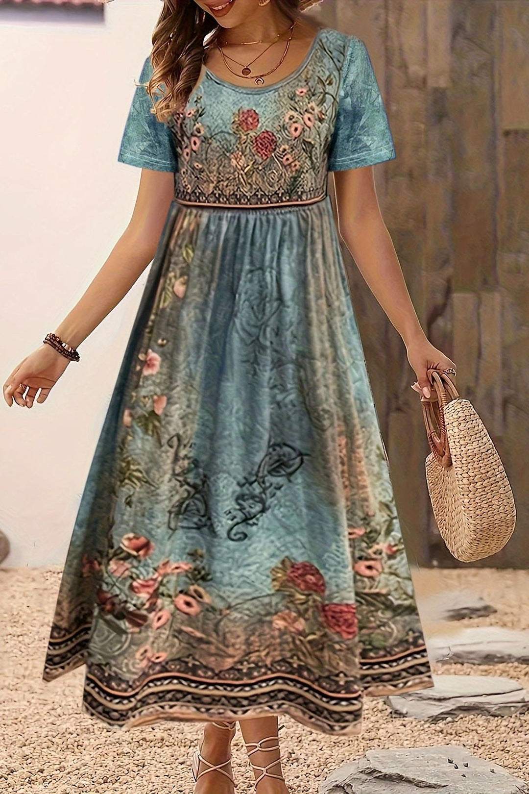 Comfortable & elegant women's printed midi dress. Versatile knee-length style for everyday spring/summer casual wear.