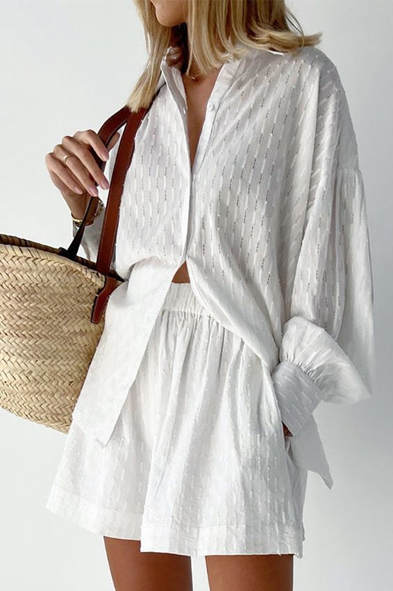 Women's comfortable shirt & short set for summer leisure. Relaxed fit two-piece outfit.