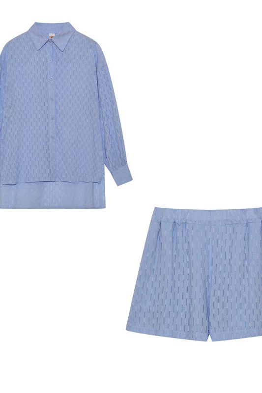 Vacation-ready women's shirt and short set. Breezy two-piece for summer adventures.
