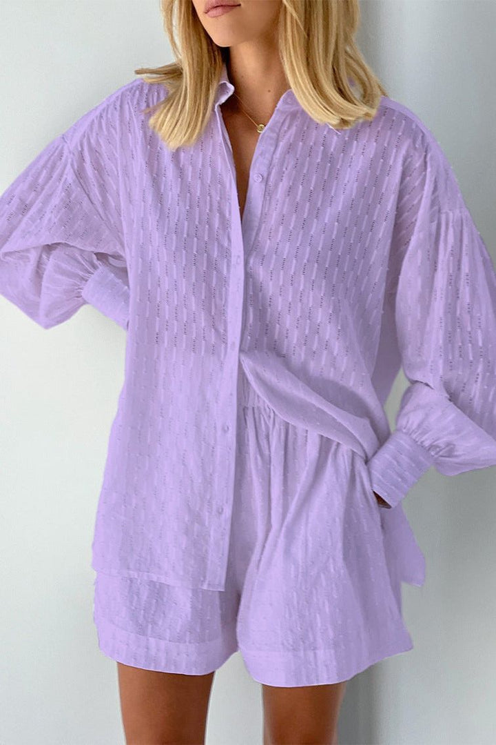 Casual women's shirt and shorts set, perfect for summer vacation or loungewear.