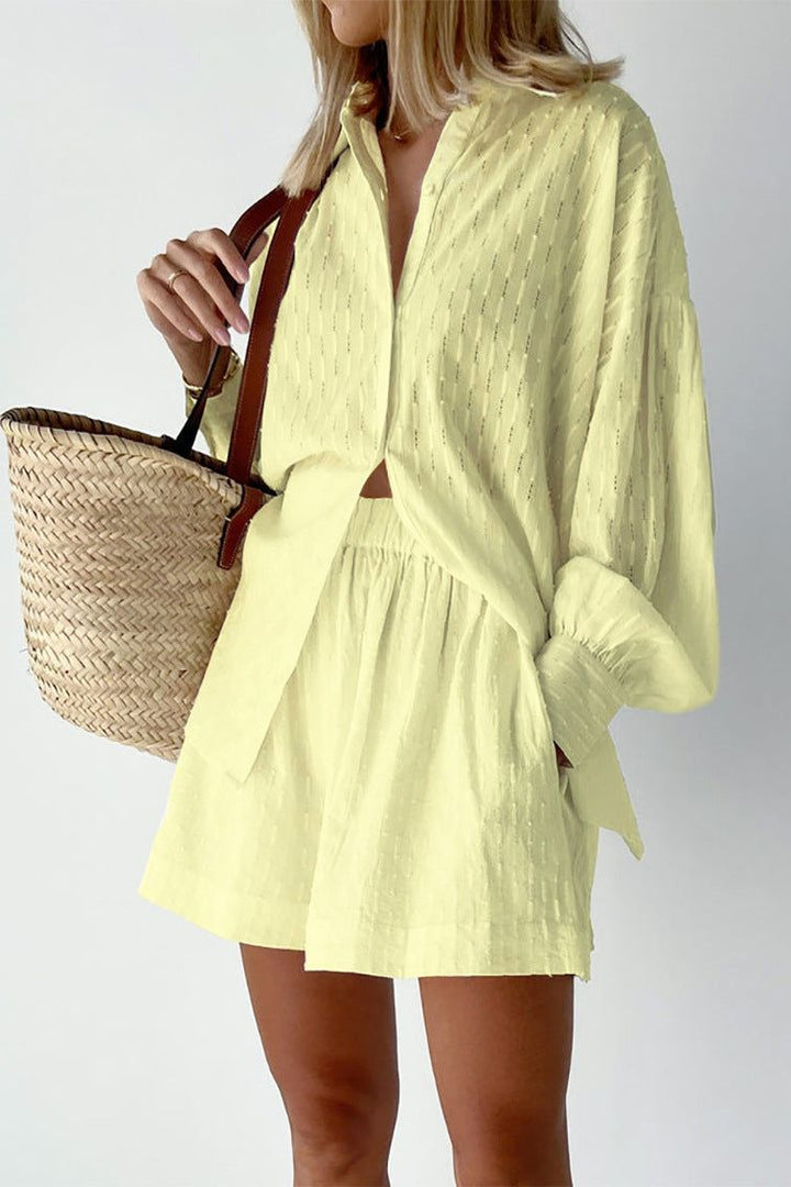 Stylish women's two-piece shirt and short set for ultimate summer comfort & everyday wear.