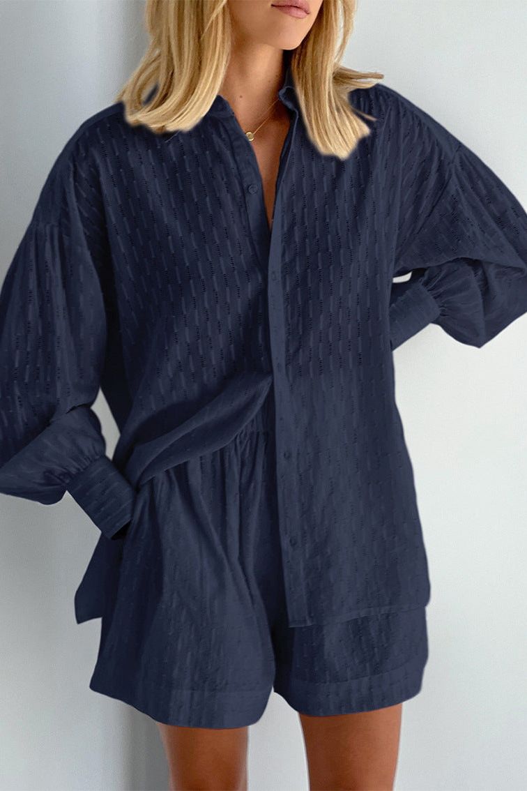 Soft women's shirt & short combo, a cozy two-piece for summer days. Casual fashion.