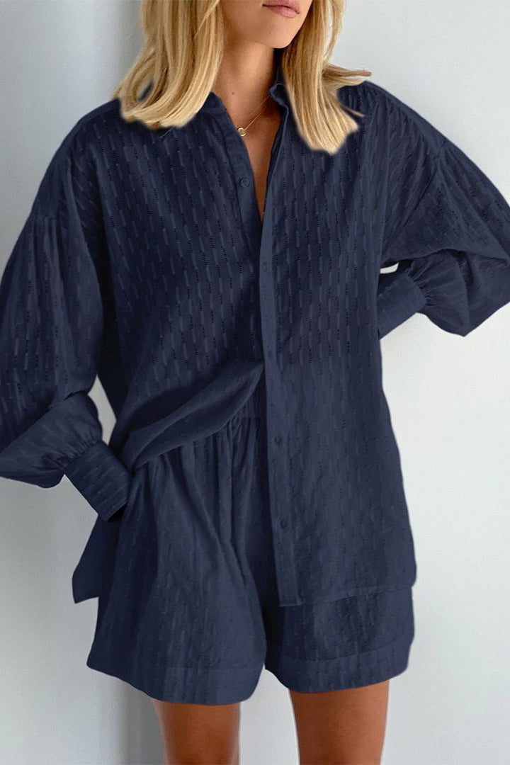 Soft women's shirt & short combo, a cozy two-piece for summer days. Casual fashion.