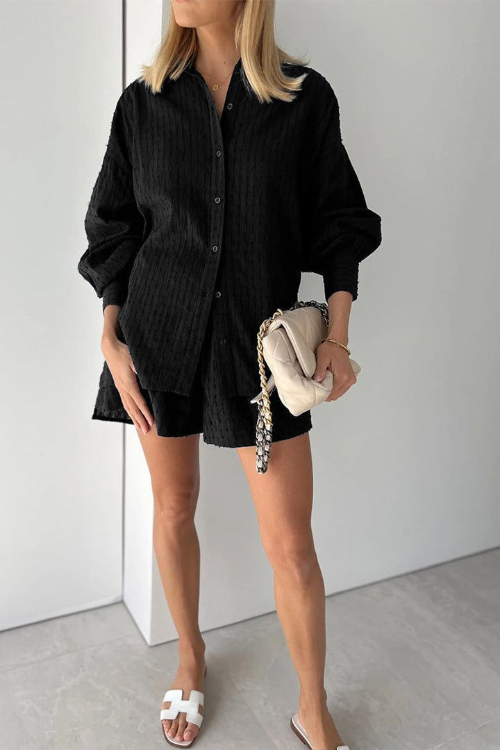 Summer ready women's shirt & short set. Comfortable loungewear and vacation outfit.