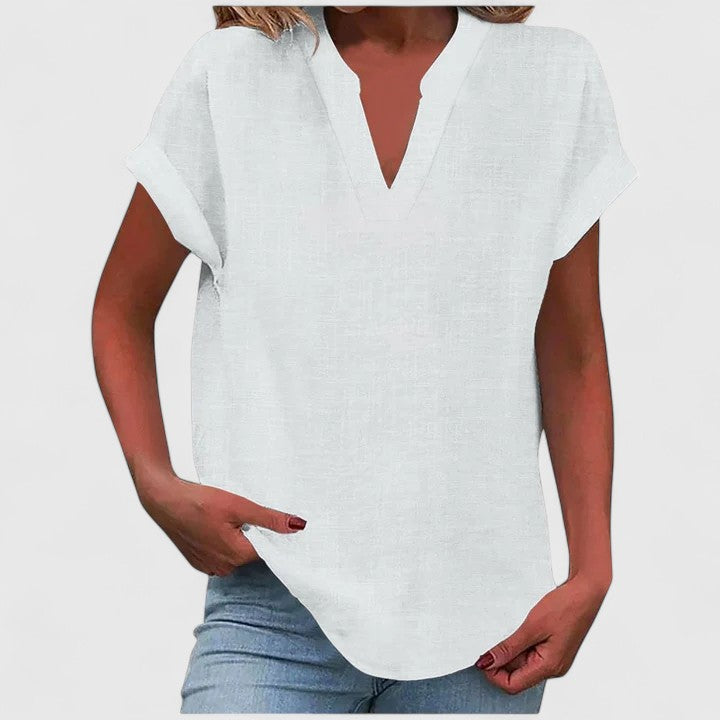 Soft, comfortable women's V-neck blouse, short sleeve, relaxed fit for all-day wear.