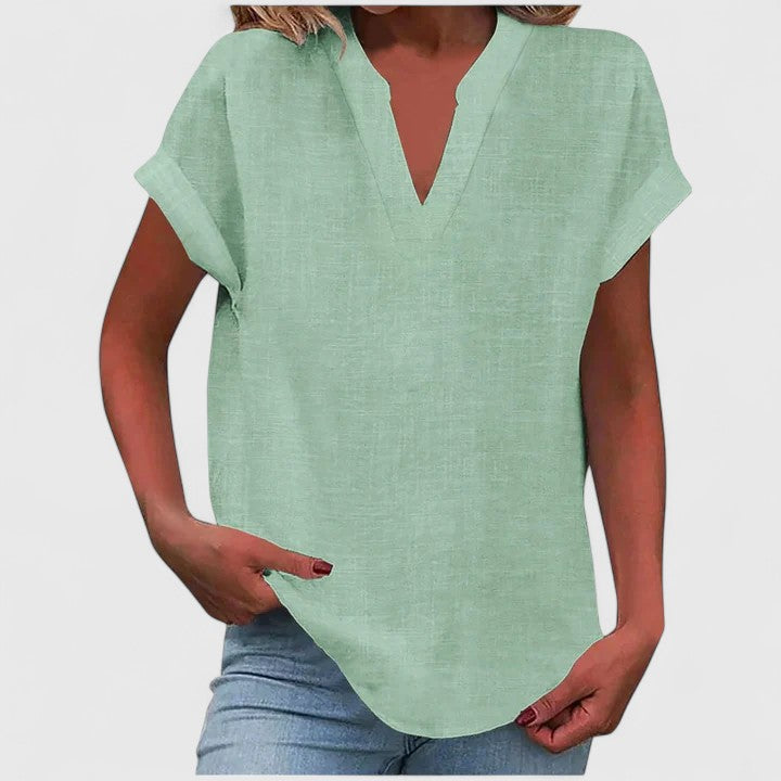 Women's V-neck blouse, comfortable work wear or stylish casual top, relaxed fit design.