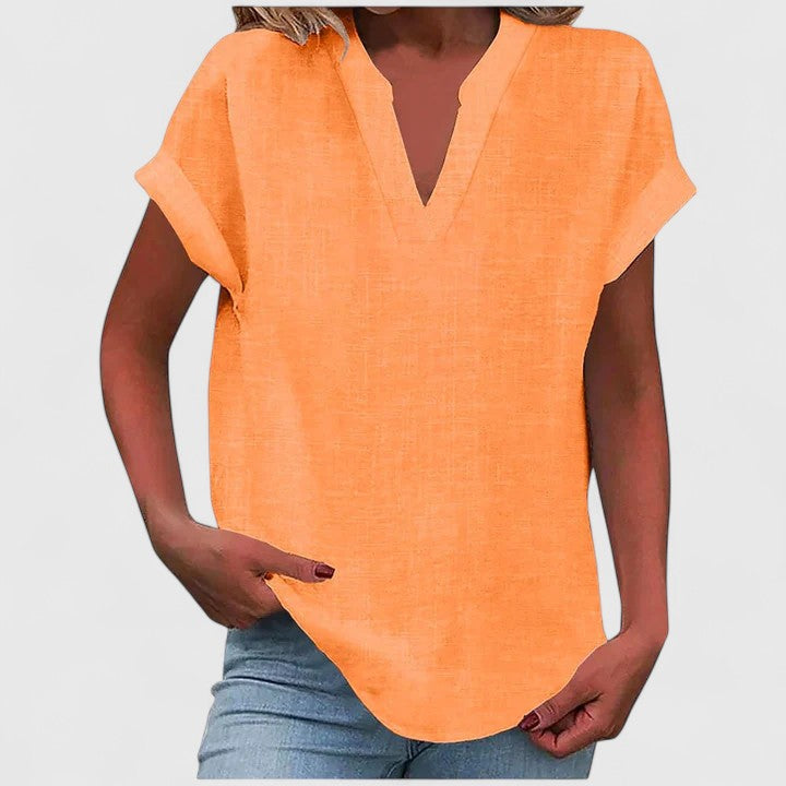 Comfortable and stylish women's V-neck blouse, relaxed short-sleeve top for versatile wear.