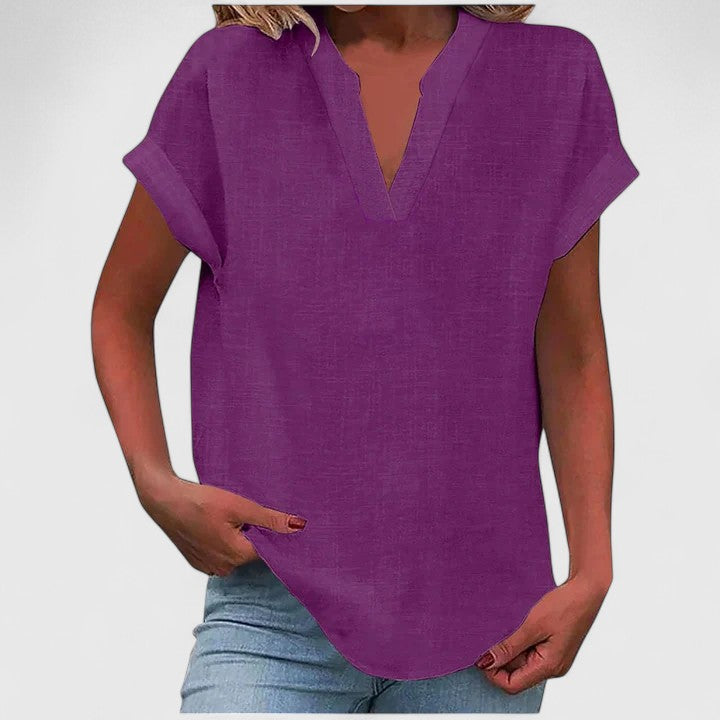Chic short-sleeve V-neck blouse for women, relaxed fit, stylish for work or casual outings.