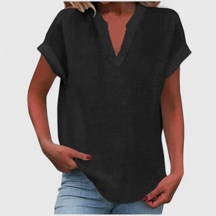 Comfortable V-neck blouse for women, ideal for spring and summer fashion, effortless style.