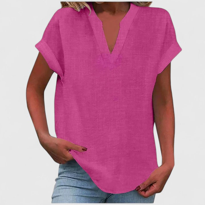 Women's V-neck short-sleeve blouse, relaxed fit, stylish & comfortable for any occasion.