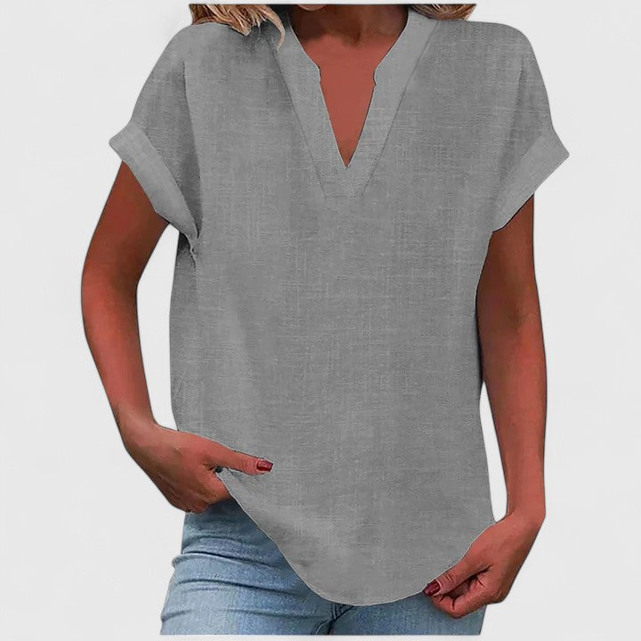 Relaxed fit women's V-neck blouse, short sleeve, supremely comfortable everyday top.