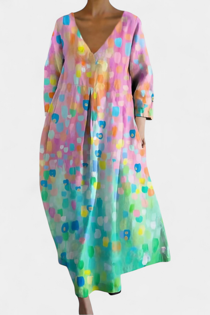 Flowy V-neck maxi dress for women, ideal for casual chic summer fashion or vacation.