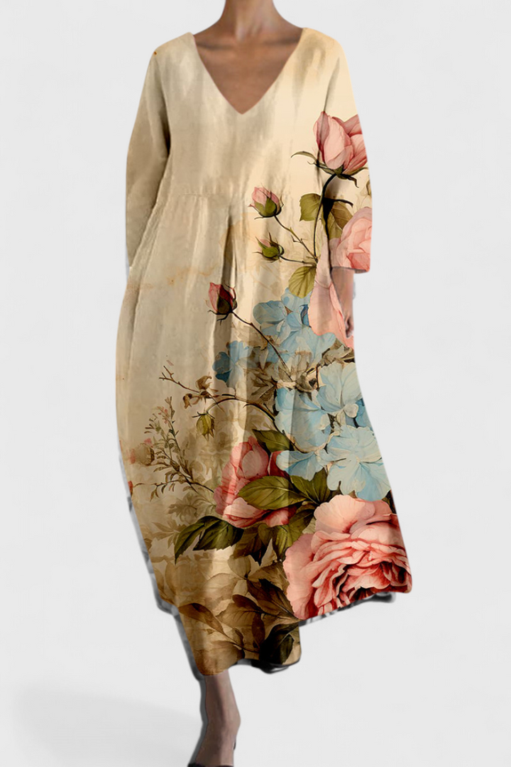 Relaxed fit V-neck maxi dress for women, great for casual outings, comfort, and chic style.