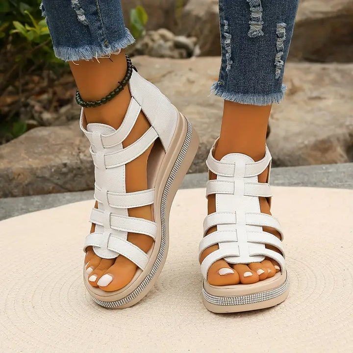 Front view of women's comfortable casual wedge sandals, perfect slip-on footwear for summer versatility.
