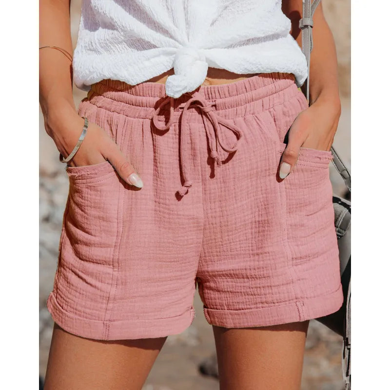 Women's comfy drawstring waist shorts with deep pockets, perfect for casual summer wear.