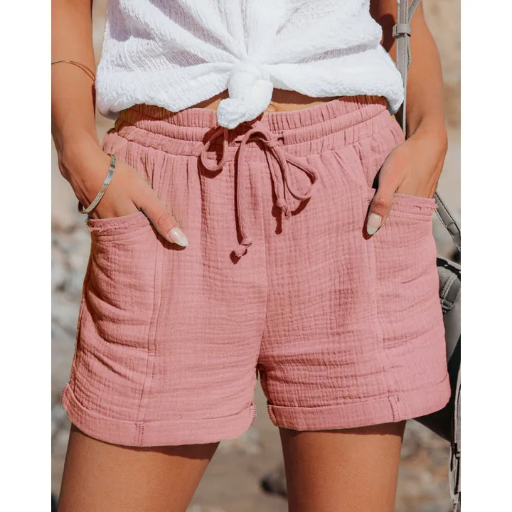Women's comfy drawstring waist shorts with deep pockets, perfect for casual summer wear.